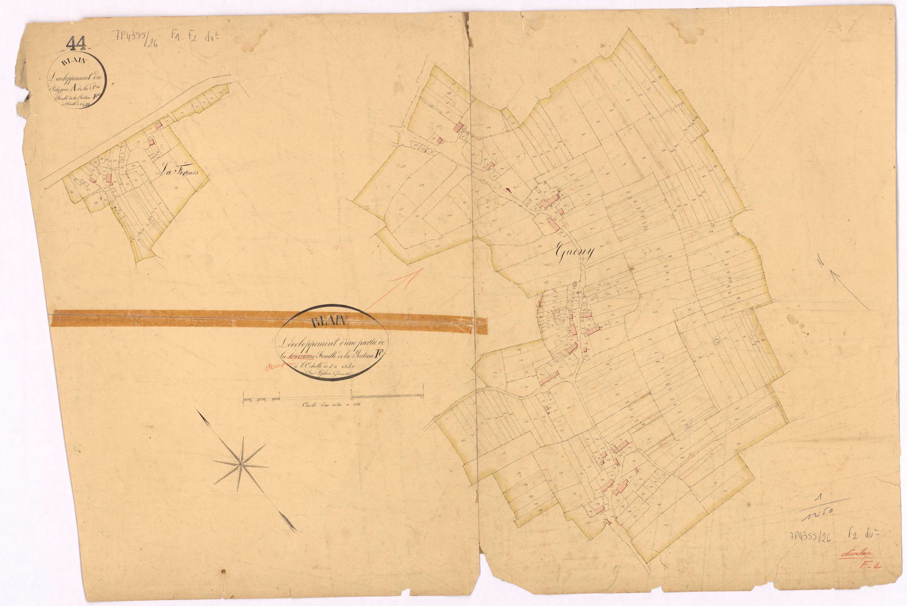 Blain - Section F1 F2 (développement) Gueny (section de) ; 1-1333 ; 1334-2303 ; développement des villages de La Ferriais et de Gueny