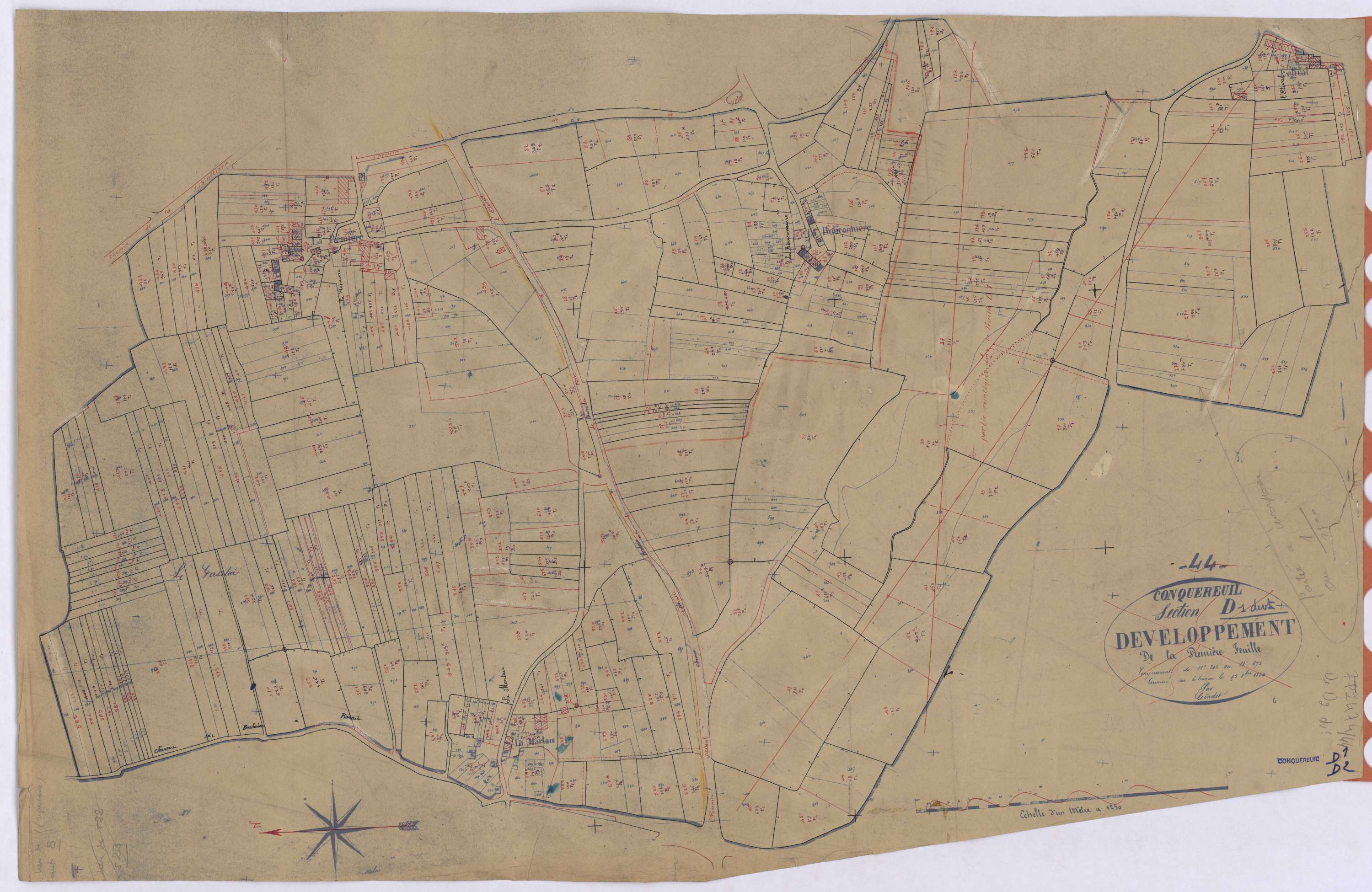 Conquereuil - Section D1 D2 (développement) Mortiers (section des) ; 1-353 ; 354-590 ; développement de diverses parcelles