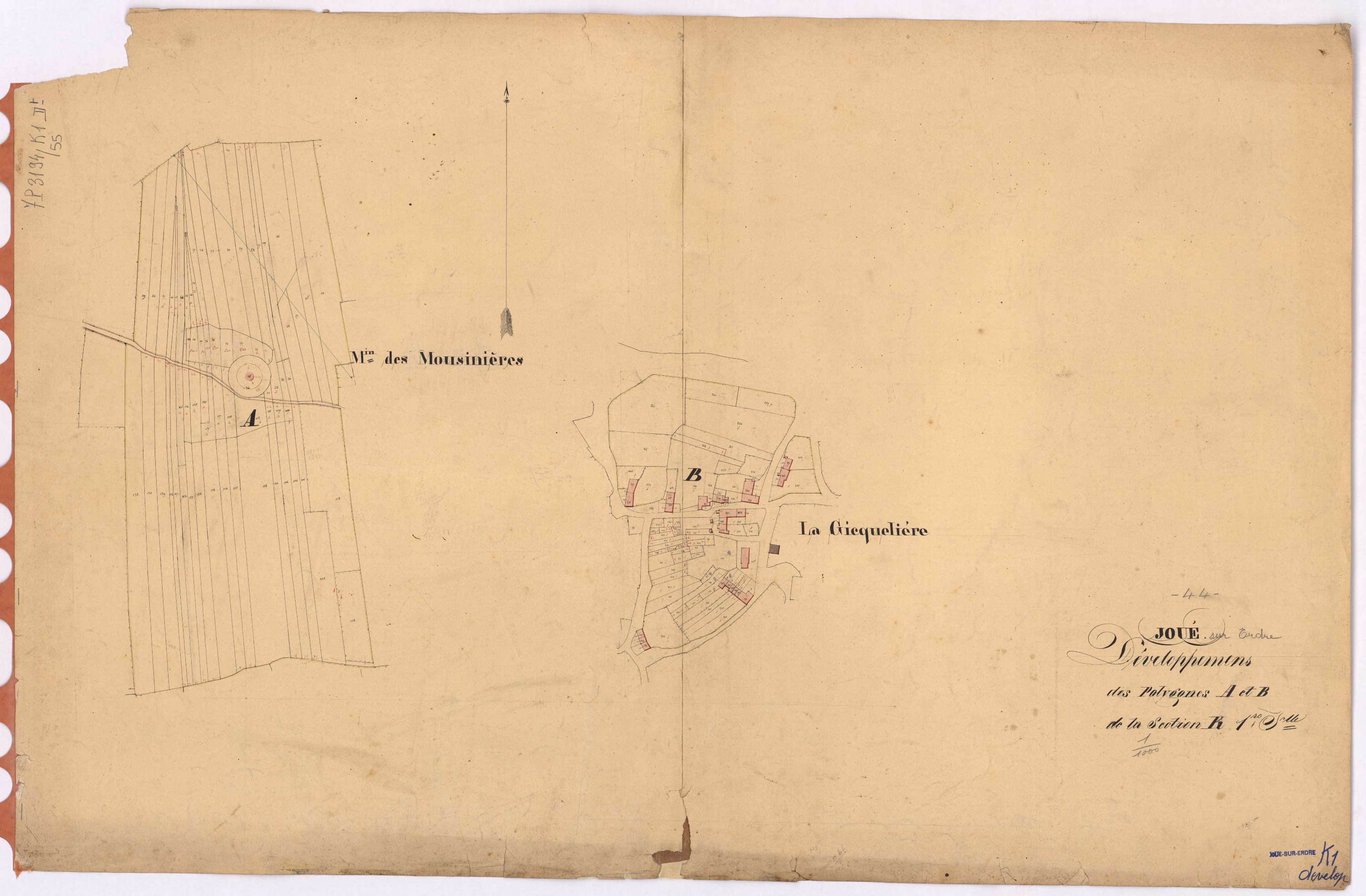 Joué-sur-Erdre - Section K1 (développement) Bas Bourg (section du) ; développement du village de La Gicquelière et du Moulin des Mousinières