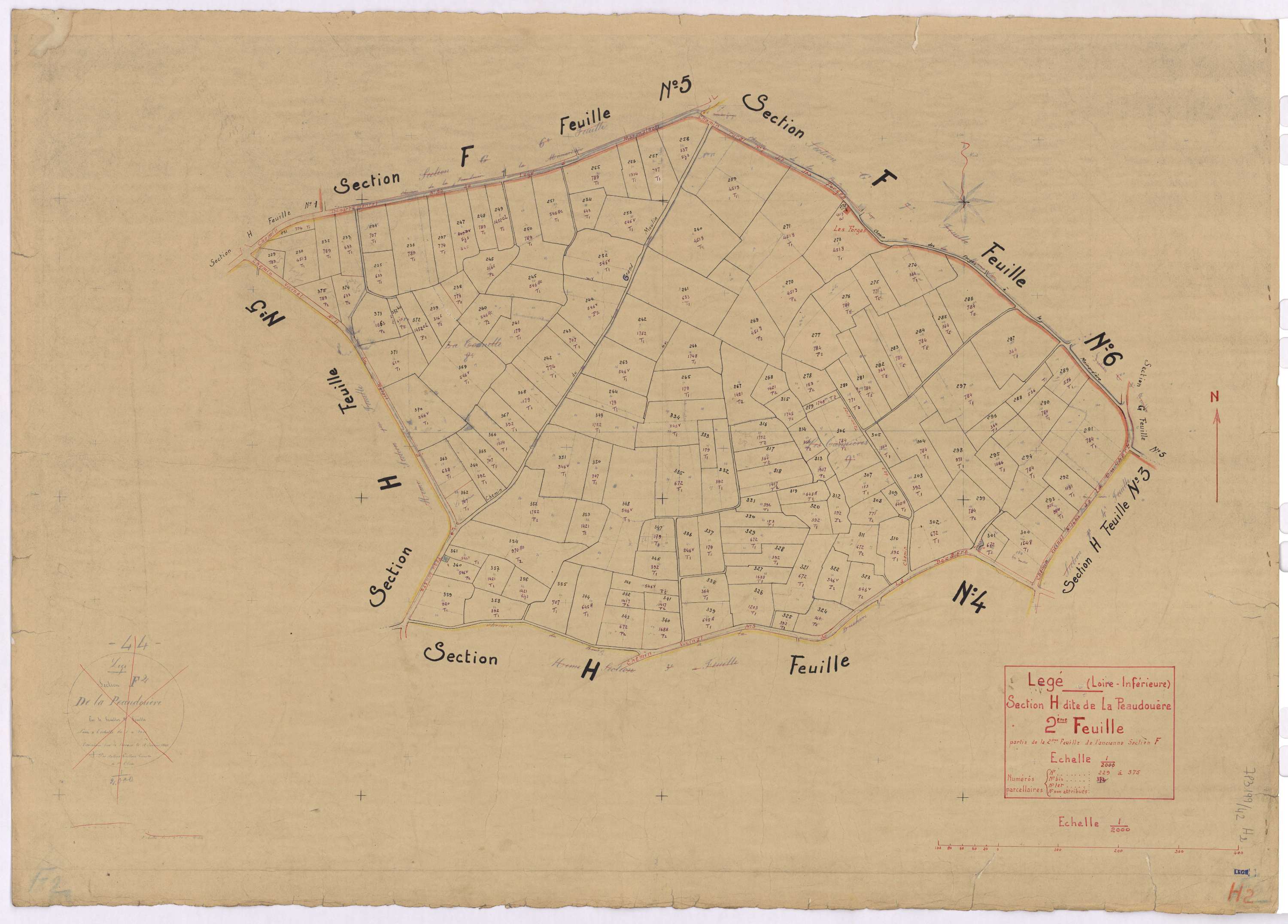 Lège - Section H2 Peaudouère (section de La) ; 229-375
