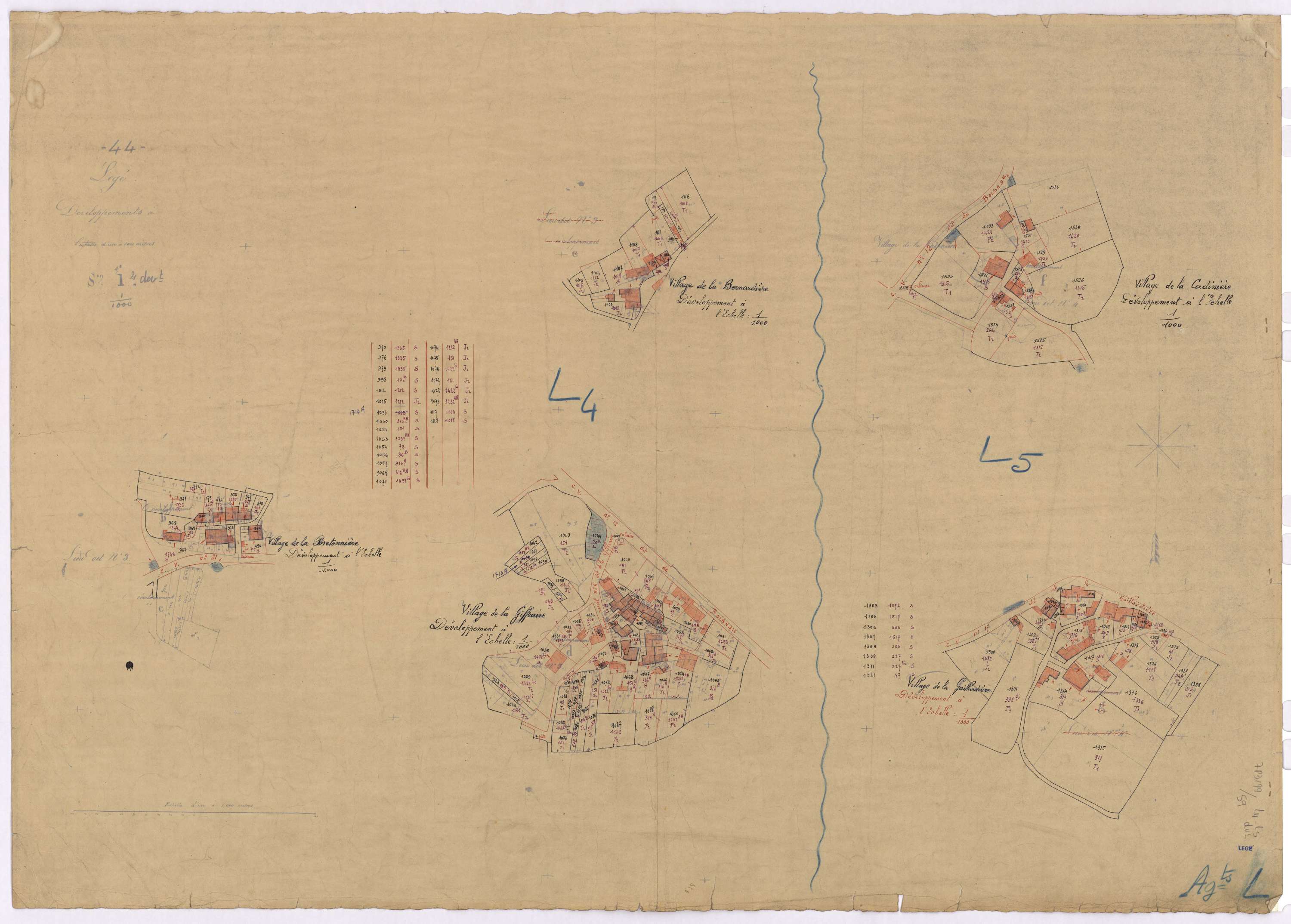Lège - Section L4 L5 (développement) Bourg (section du) ; 1254-154 ; développement des villages de La Bernardière, de La Bretonnière, de La Giffraire, de La Cadinière et de La Gaillardière