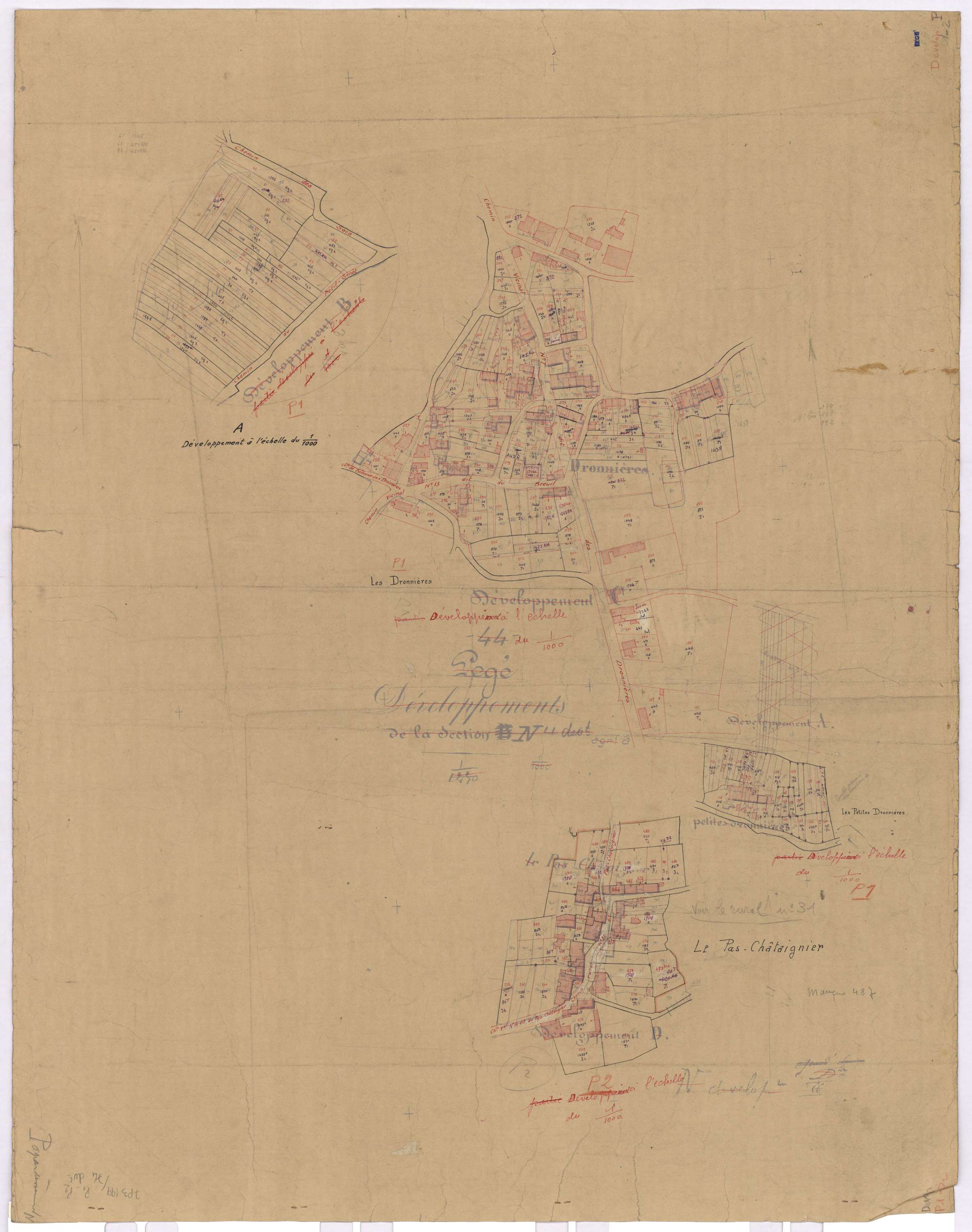 Lège - Section P1 P2 (développement) Dronnières (section des) ; 1-377 ; 378-622 ; développement des villages des Dronnières, des Petites Dronnières, du Pas-Châtaignier et de diverses parcelles