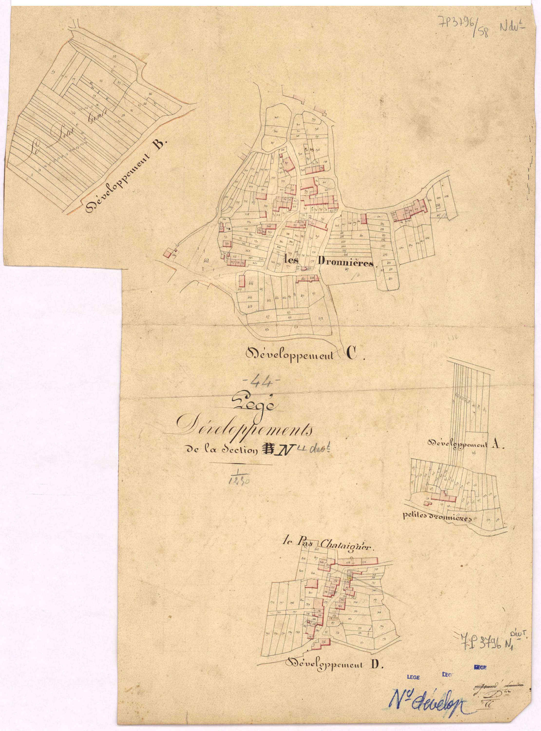 Lège - Section N (développement) Dronnières (section des) ; développement des villages des Dronnières, des Petites Dronnières, du Pas Châtaignier et de diverses parcelles