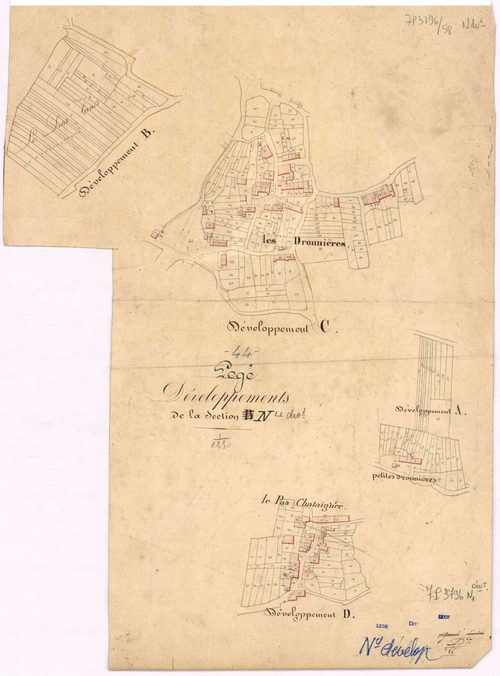 Lège - Section N (développement) Dronnières (section des) ; développement des villages des Dronnières, des Petites Dronnières, du Pas Châtaignier et de diverses parcelles