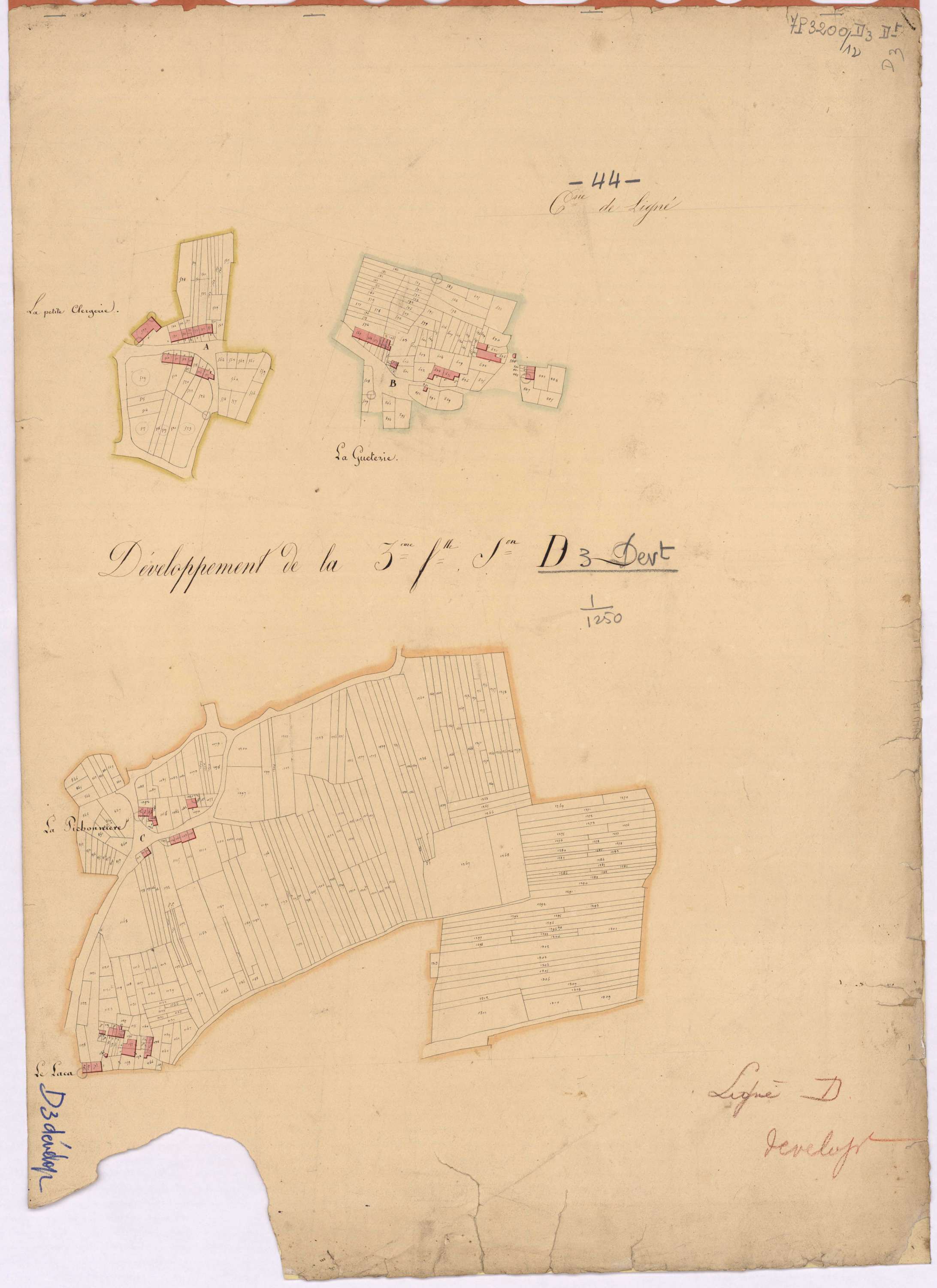Ligné - Section D3 (développement) Clergerie (section de La) ; développement des villages de La Petite Clergerie, de La Gueterie et de La Pichonnière