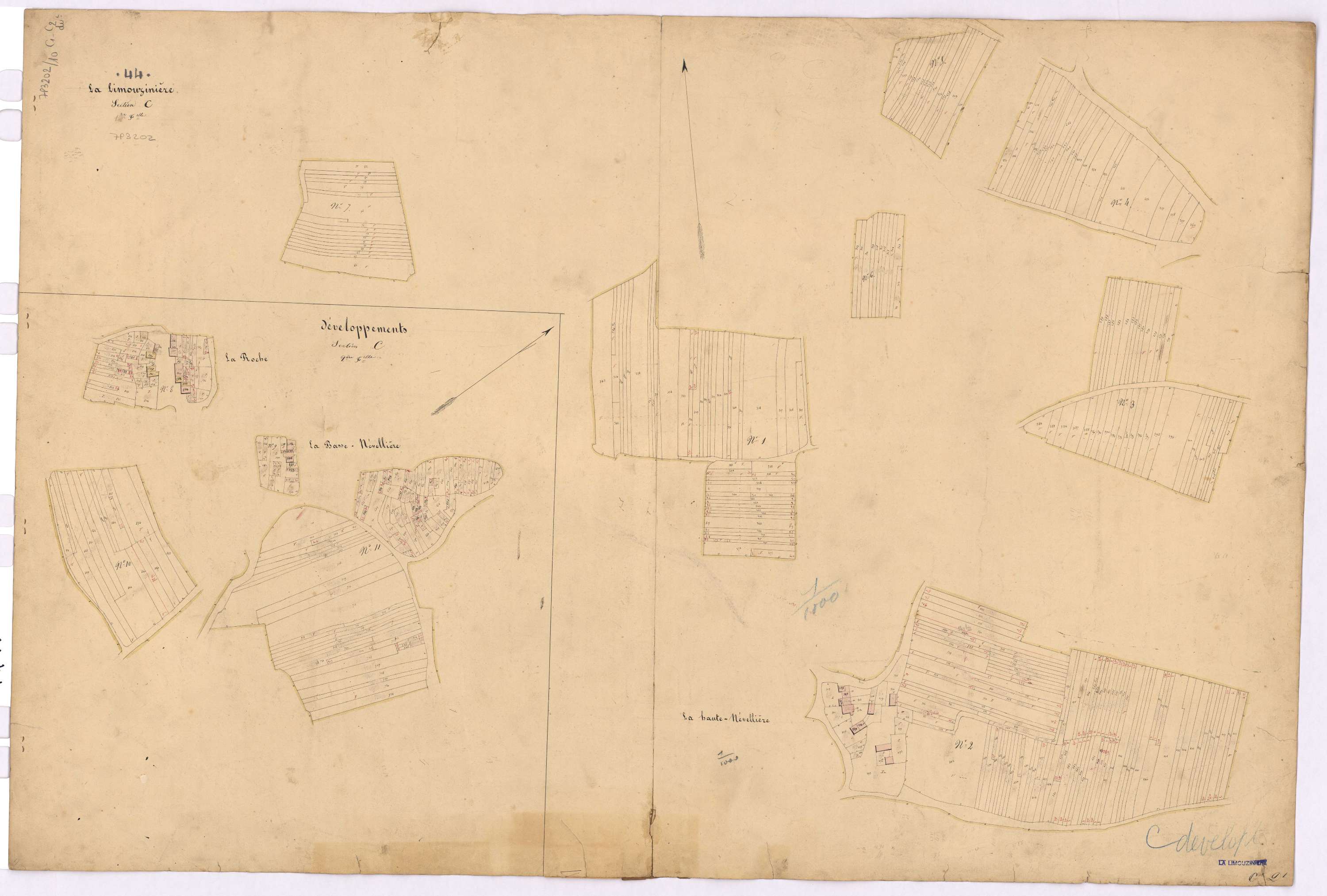 La Limouzinière - Section C1 C2 (développement) Moulinier (section du) ; 1-564 ; 565-1101 ; développement des villages de La Haute-Névellière, de La Basse-Névellière, de La Roche et de diverses parcelles
