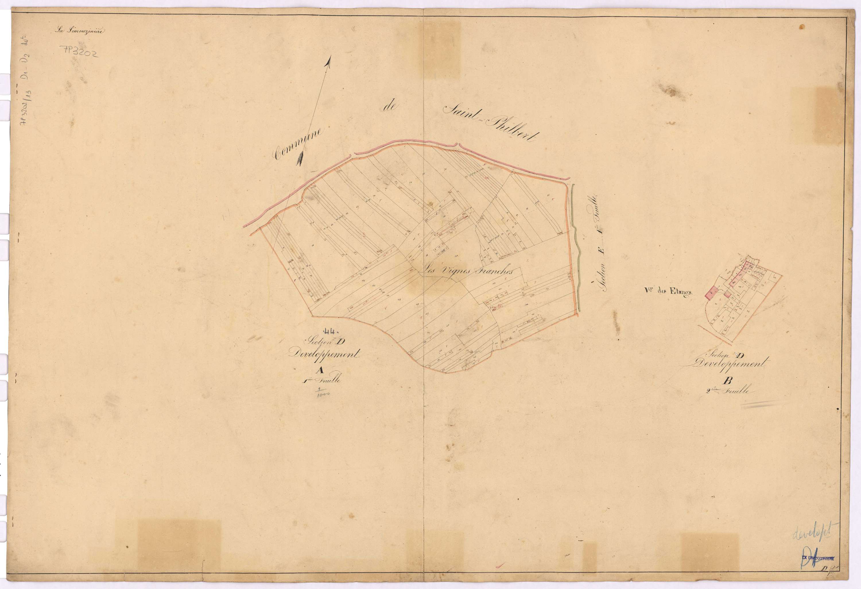 La Limouzinière - Section D1 D2 (développement) Etangs (section des) ; 1-223 ; 224-413 ; développement du village des Etangs et de diverses parcelles