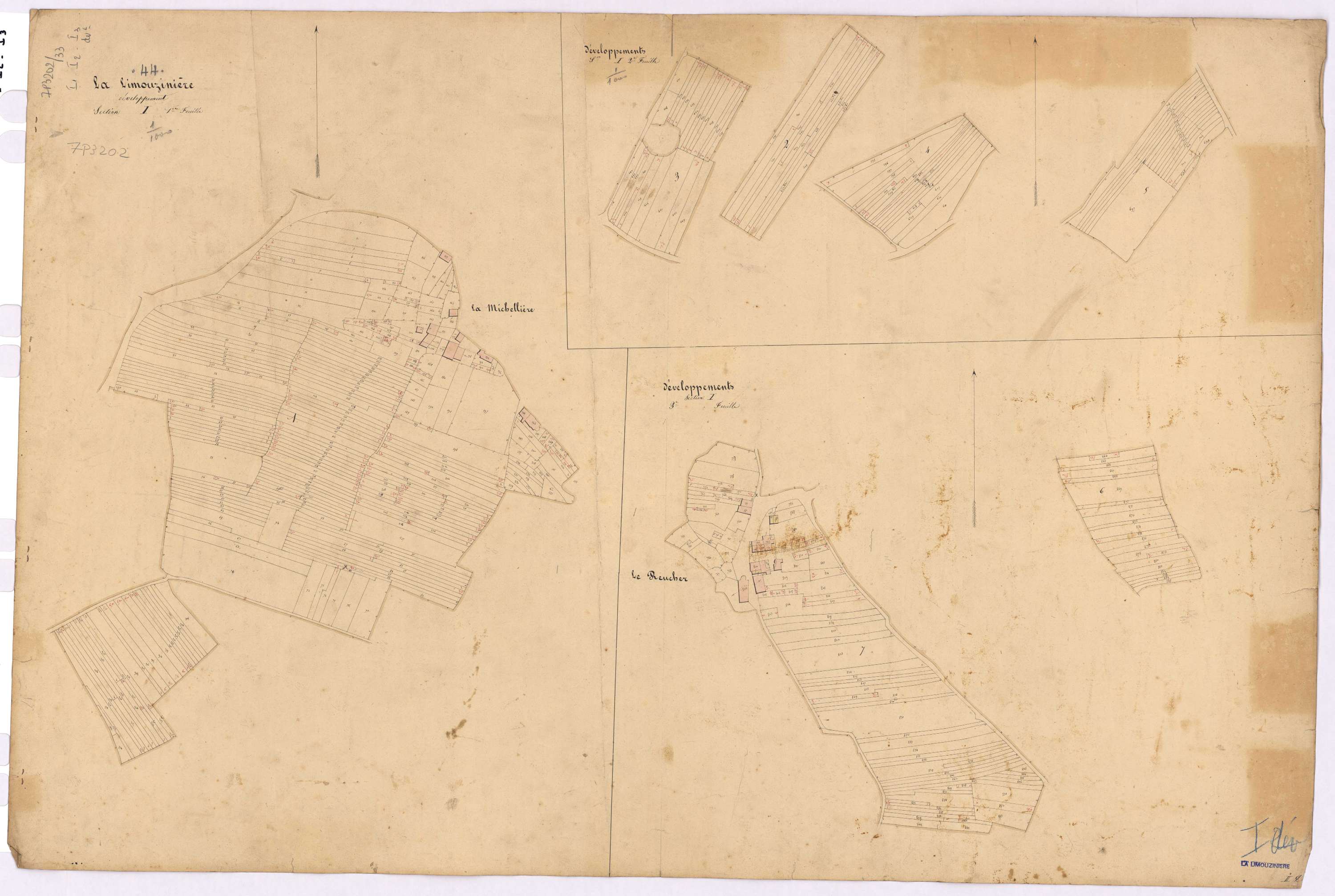 La Limouzinière - Section I1 I2 I3 (développement) Reucher (section du) ; 1-356 ; 357-716 ; 717-991 ; développement des villages de La Michellière, du Reucher et de diverses parcelles