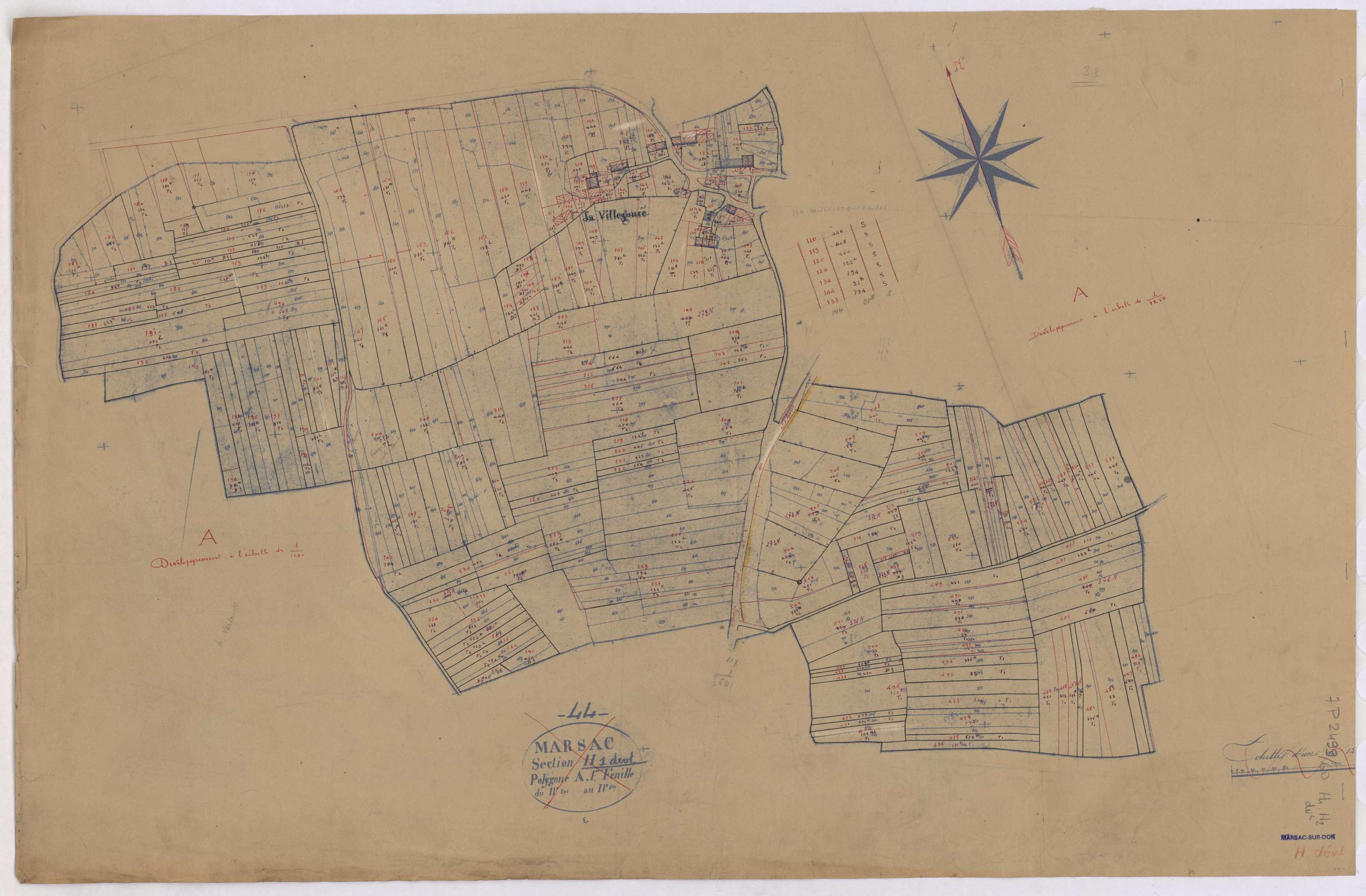 Marsac-sur-Don - Section H1 H2 (développement) Plessis (section du) ; 1-312 ; 313-555 ; développement du village de La Villegoué