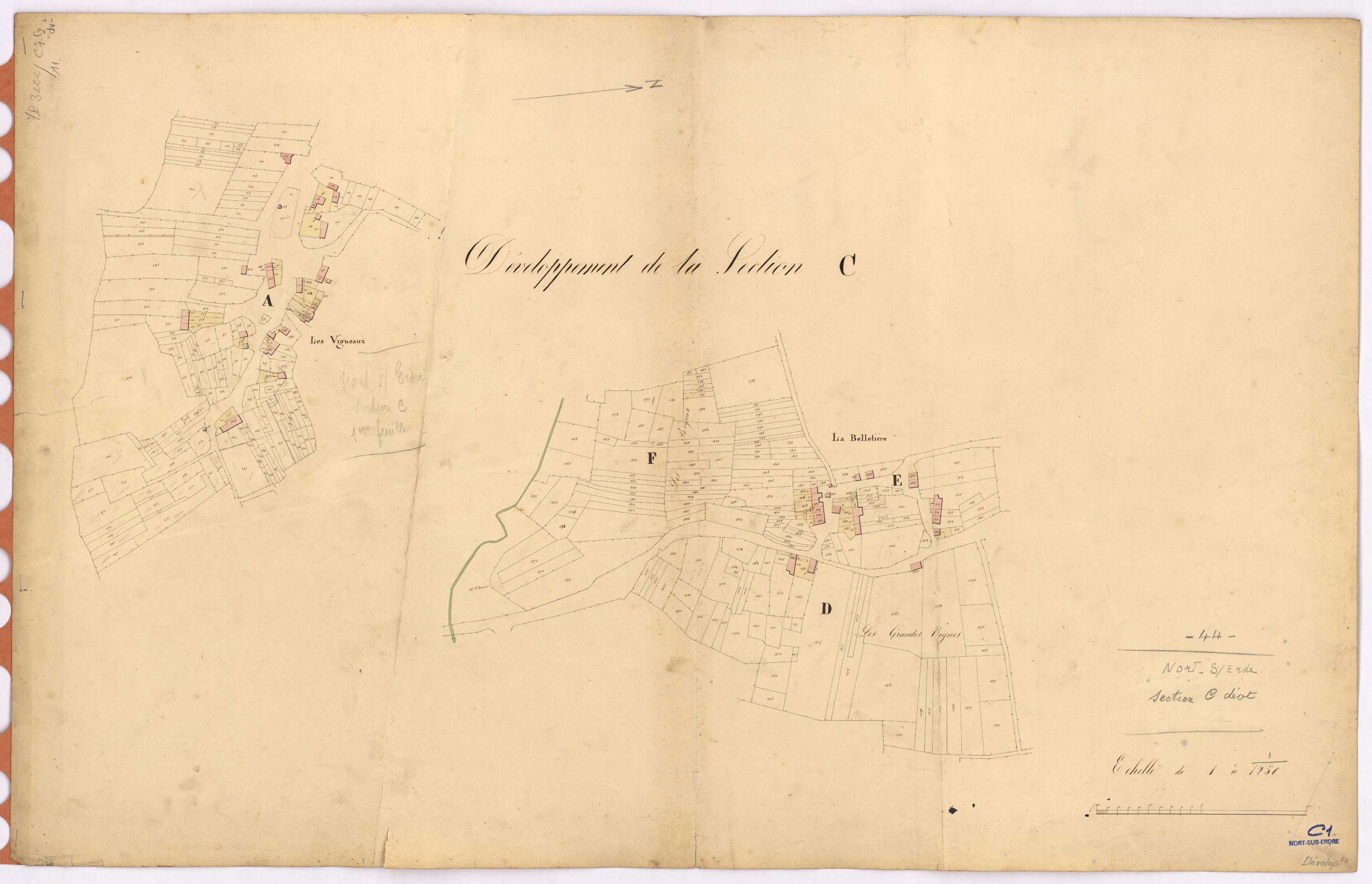 Nort-sur-Erdre - Section C1 C2 (développement) Vigneaux (section des) ; 1-875 ; 876-1875 ; développement des villages des Vigneaux, de La Belletière et de diverses parcelles