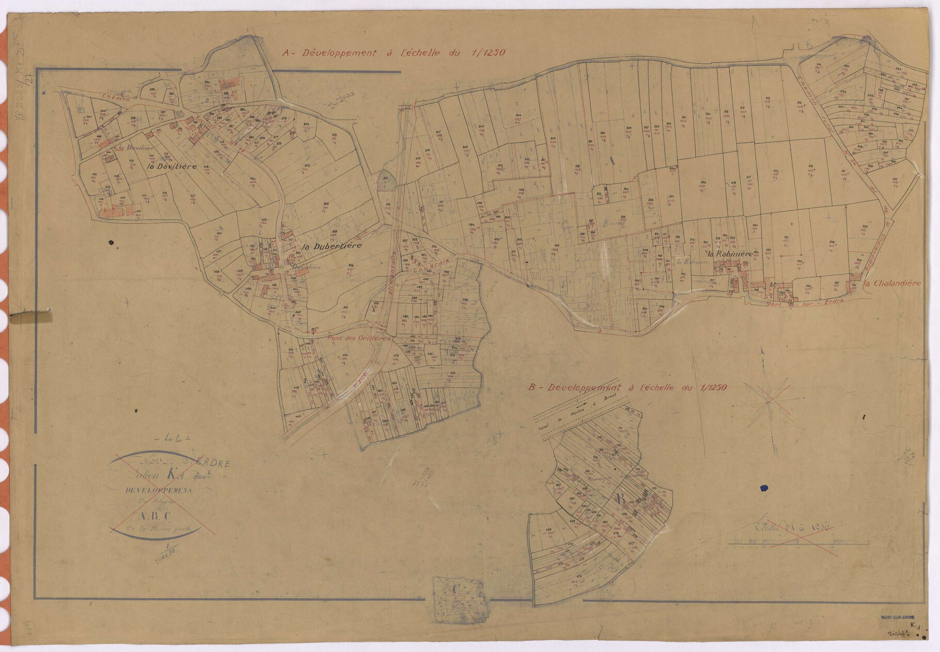 Nort-sur-Erdre - Section K1 (développement) Rabinière (section de La) ; 1-858 ; développement des parties A et B
