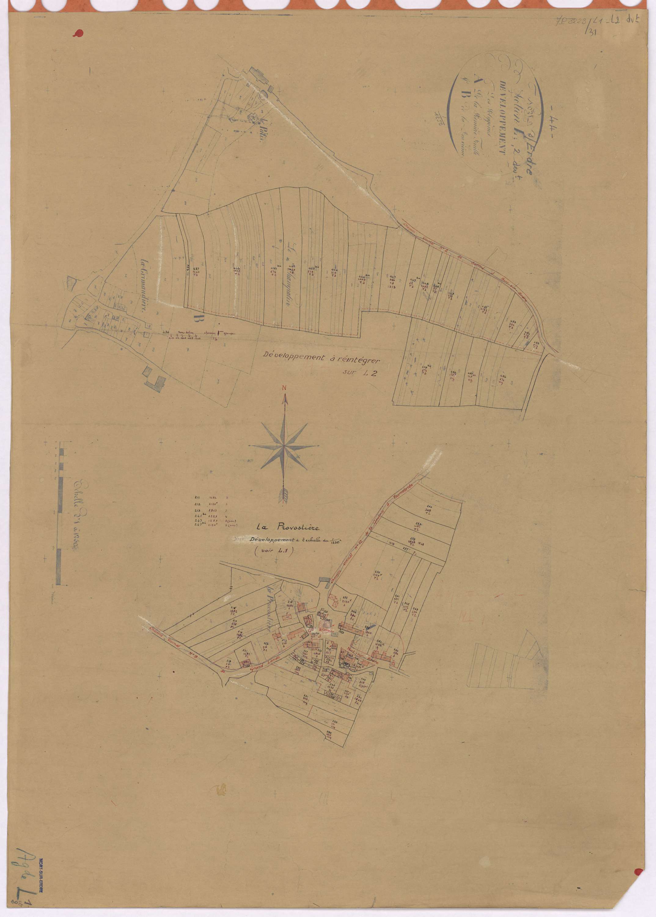 Nort-sur-Erdre - Section L1 L2 (développement) Provostière (section de La) ; 1-401 ; 402-697 ; développement du village de La Provostière et de diverses parcelles