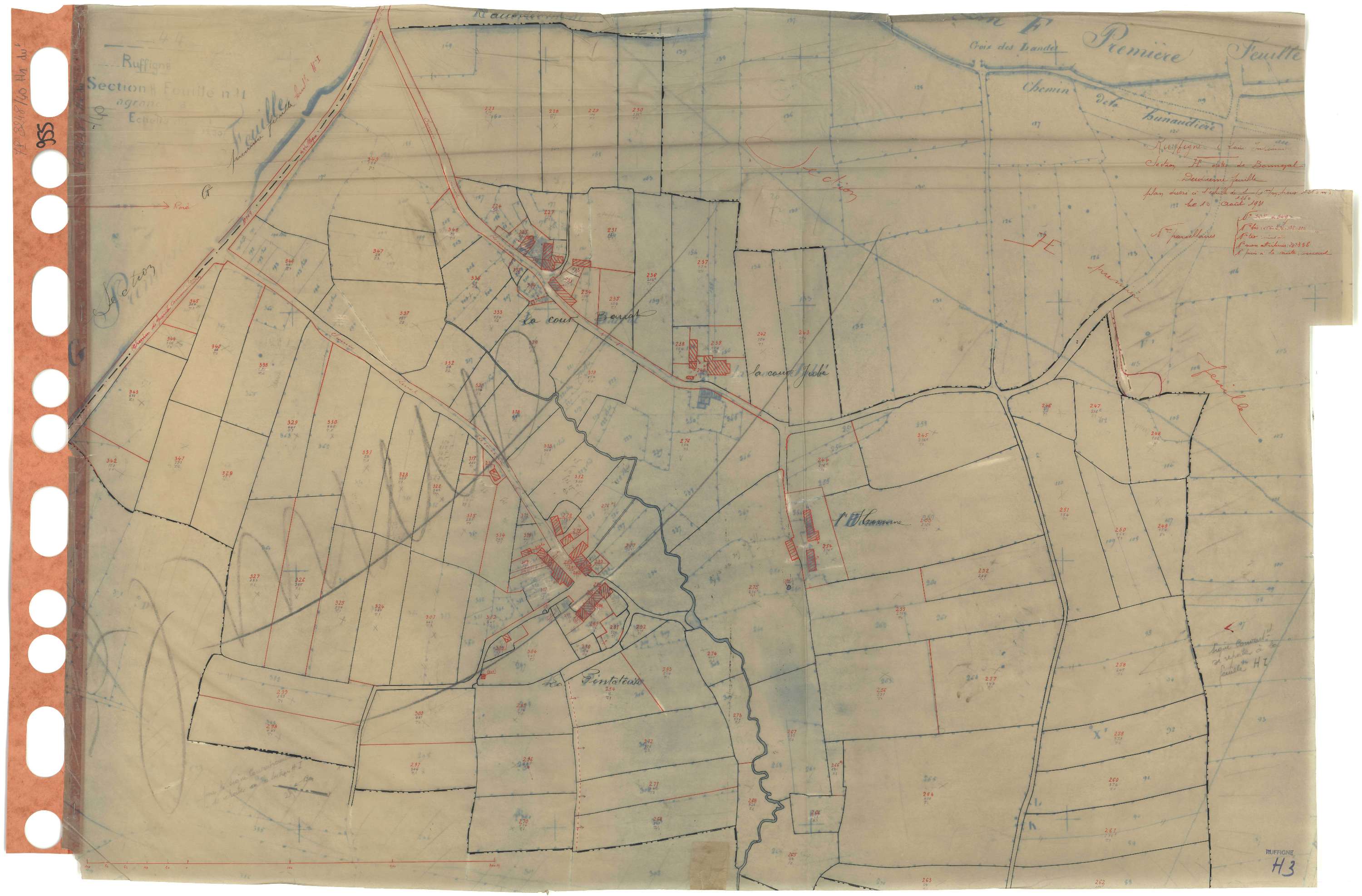 Ruffigné - Section H1 (développement) Bonneval (section de) . 223-349 . développement des villages de La Pintotais, de La Cour Barrat, de La Cour Jubé et de l'Homme