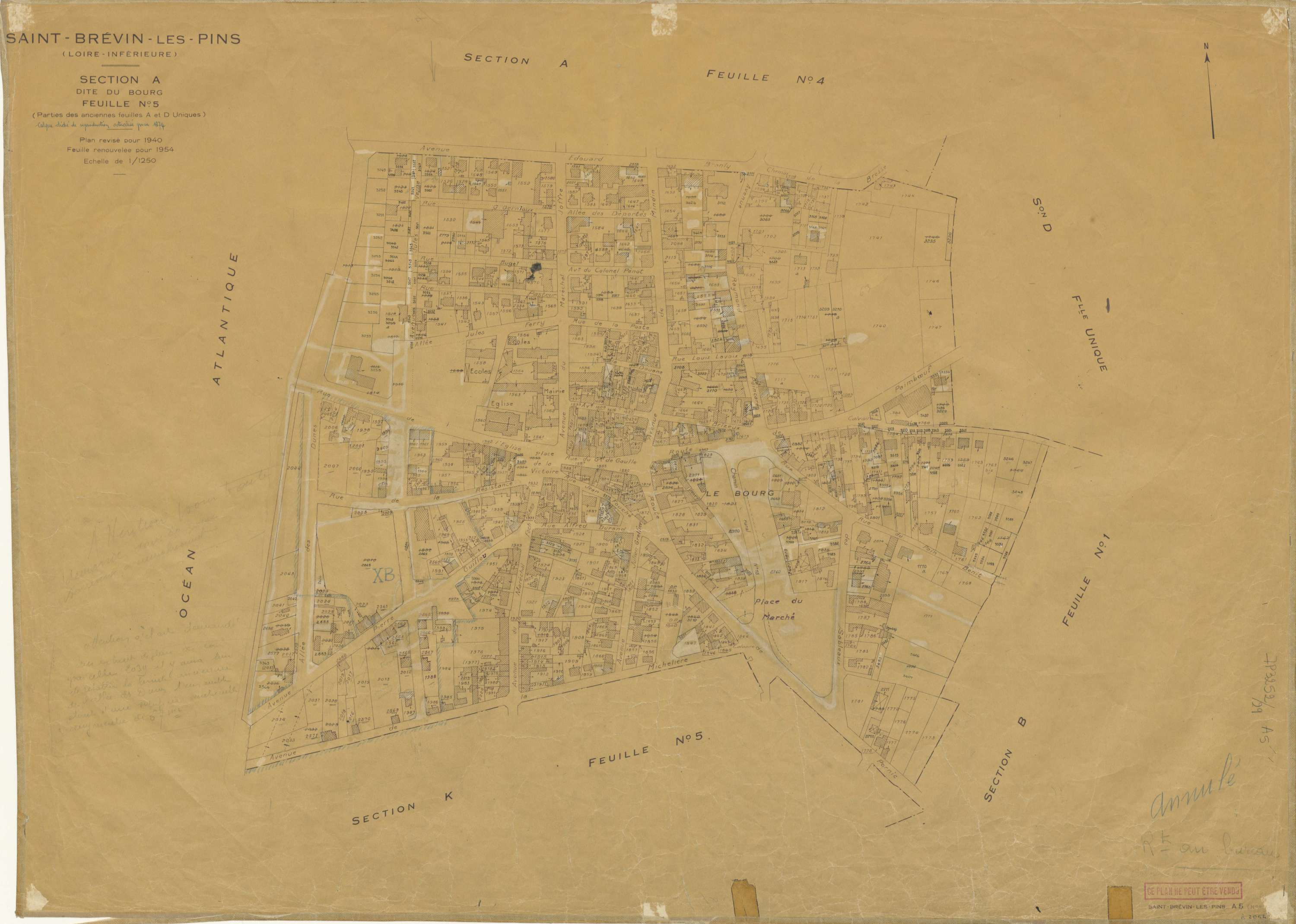 Saint-Brevin-les-Pins - Section A5 Cadastre de Saint-Brevin-les-Pins. Section du bourg (A5). Cadastre rénové en 1940 par voie de réfection totale, mis à jour pour 1954.