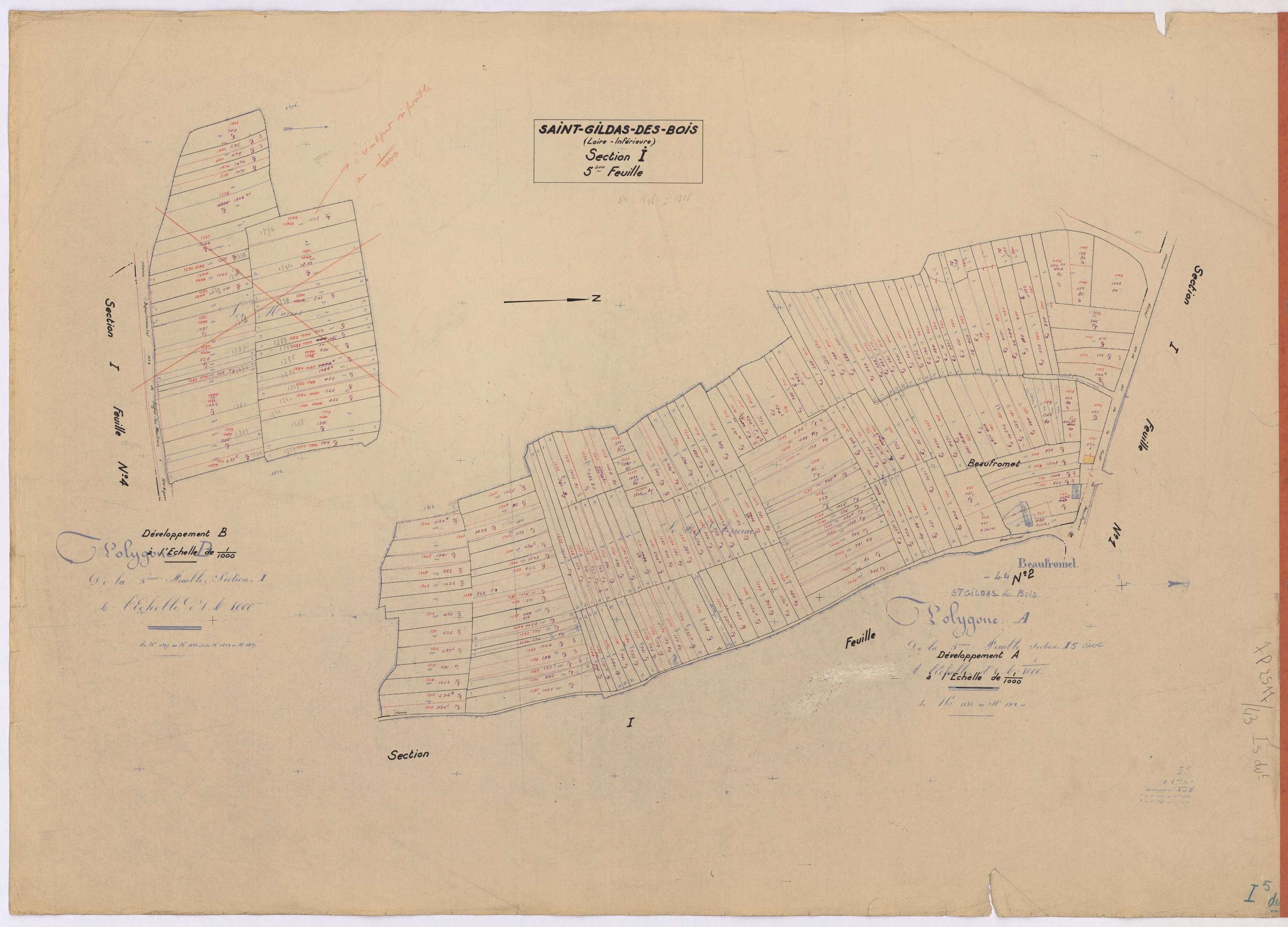 Saint-Gildas-des-Bois - Section I5 (développement) Beaufromet (section de) ; 974-1409 ; développement de diverses parcelles ; échelle : 1 000