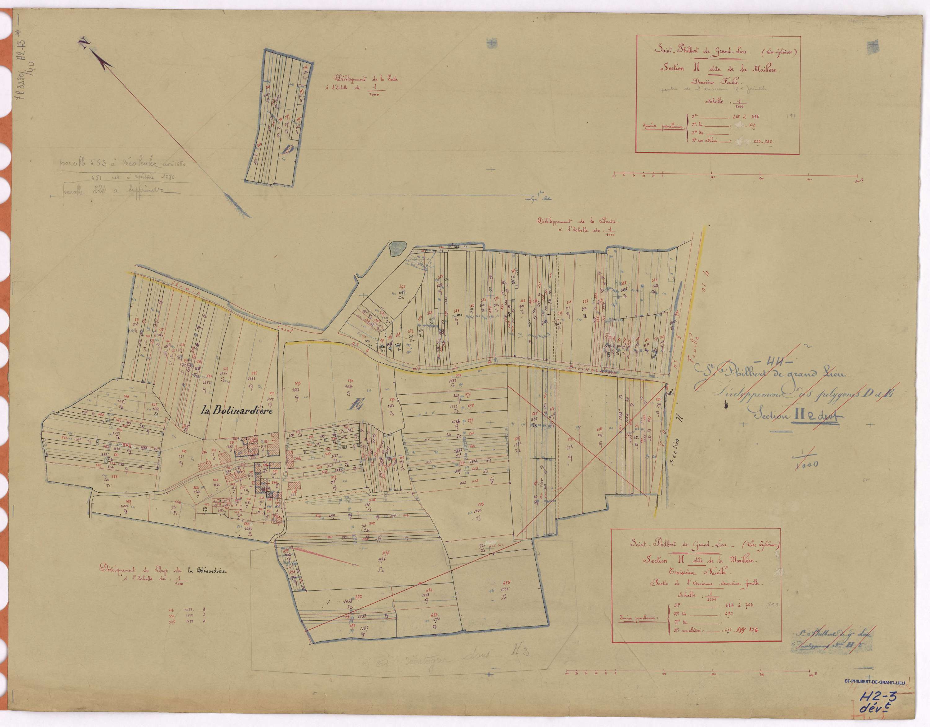 Saint-Philbert-de-Grand-Lieu - Section H2 H3 (développement) Maillère (section de La) ; 215-413 ; 414-704 ; développement du village de La Botinardière et de diverses parcelles