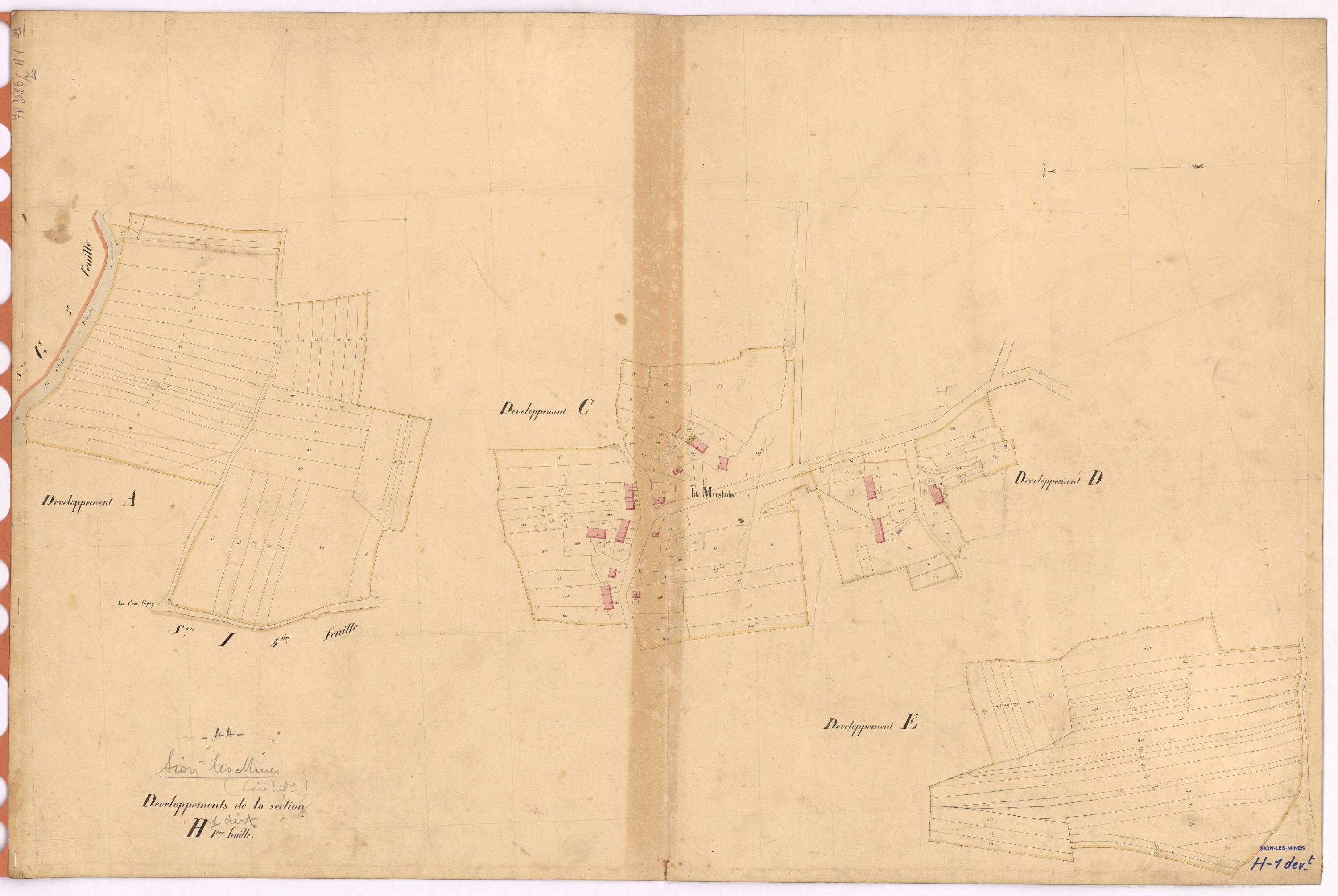 Sion-les-Mines - Section H1 (développement) Mustais (section de La) ; 1-595 ; développement du village de La Mustais et de diverses parcelles