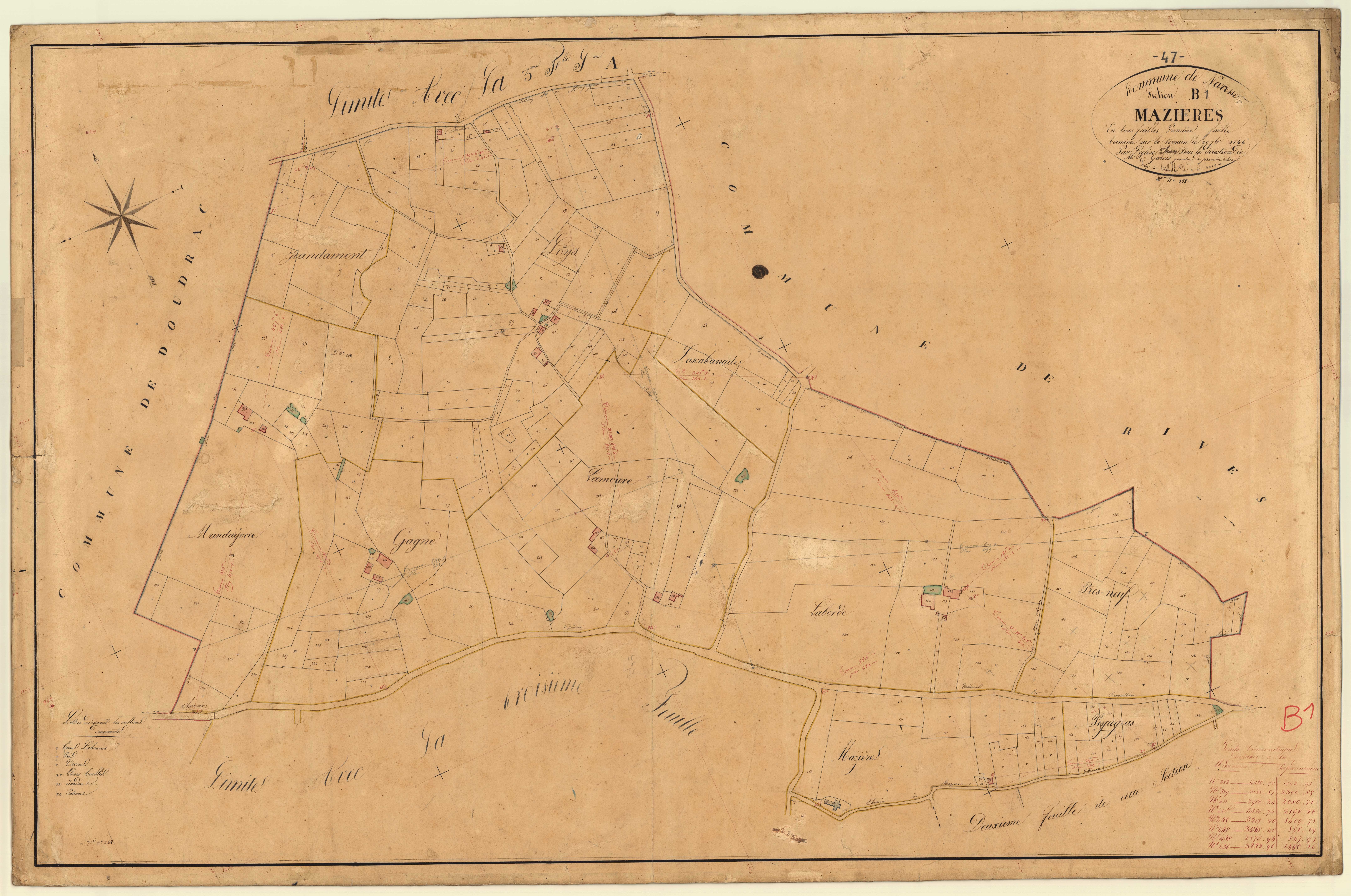 Plan napoléonien, feuille préparatoire-B1 Mazières, Mazières-Naresse