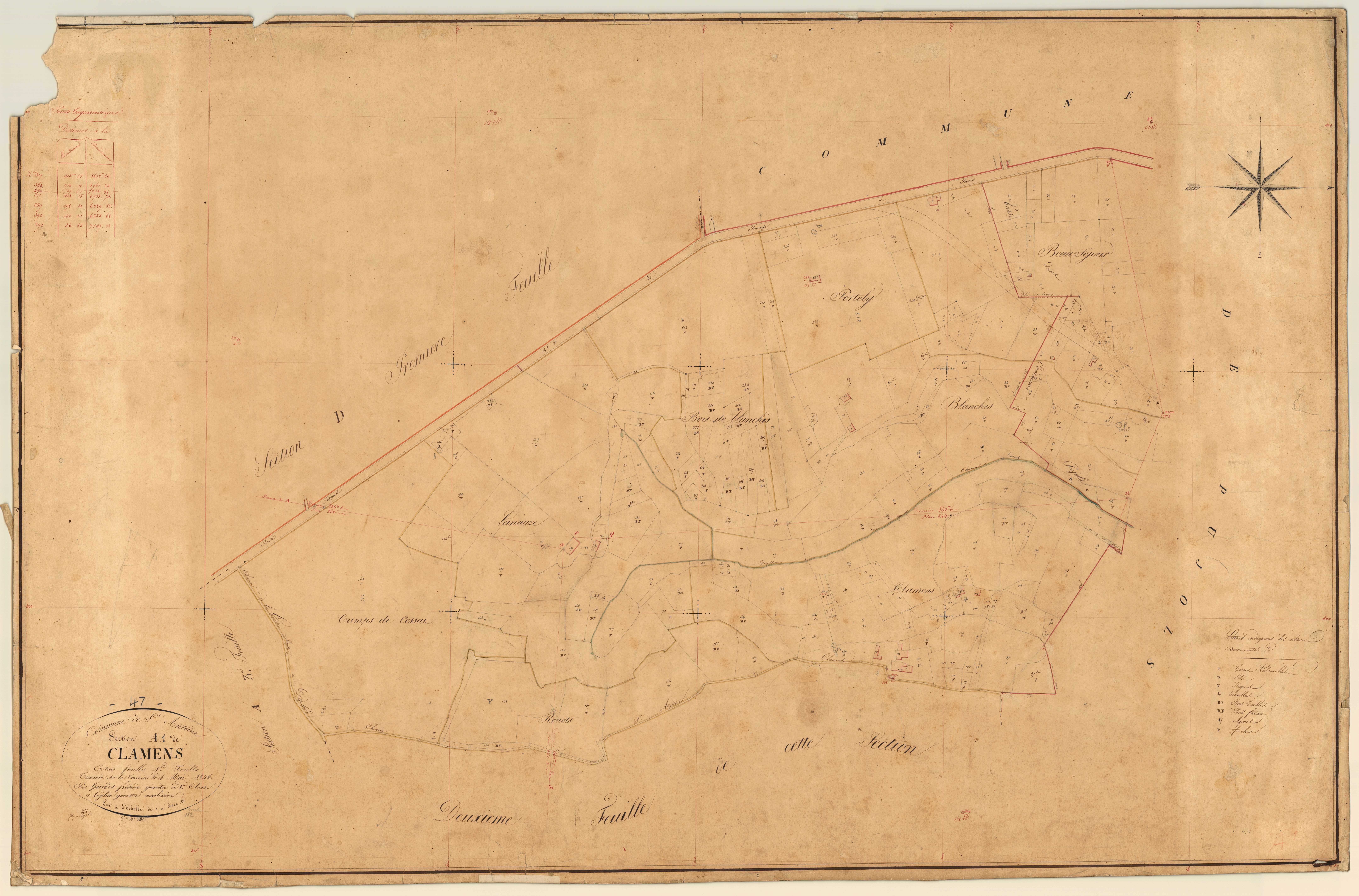 Plan napoléonien, feuille préparatoire-A1 Clamens, Saint-Antoine-de-Ficalba