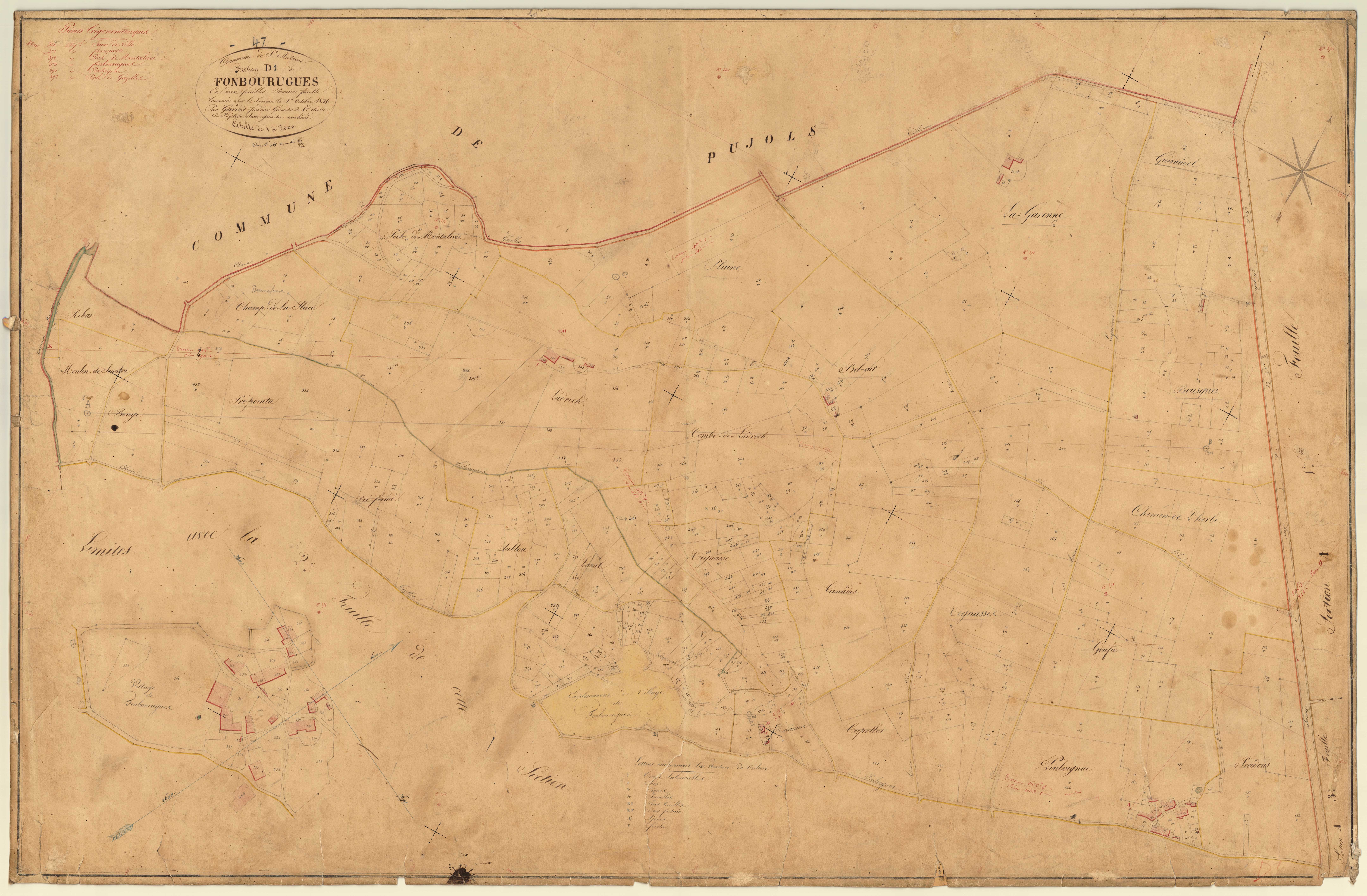 Plan napoléonien, feuille préparatoire-D1 Fonbourugues, Saint-Antoine-de-Ficalba