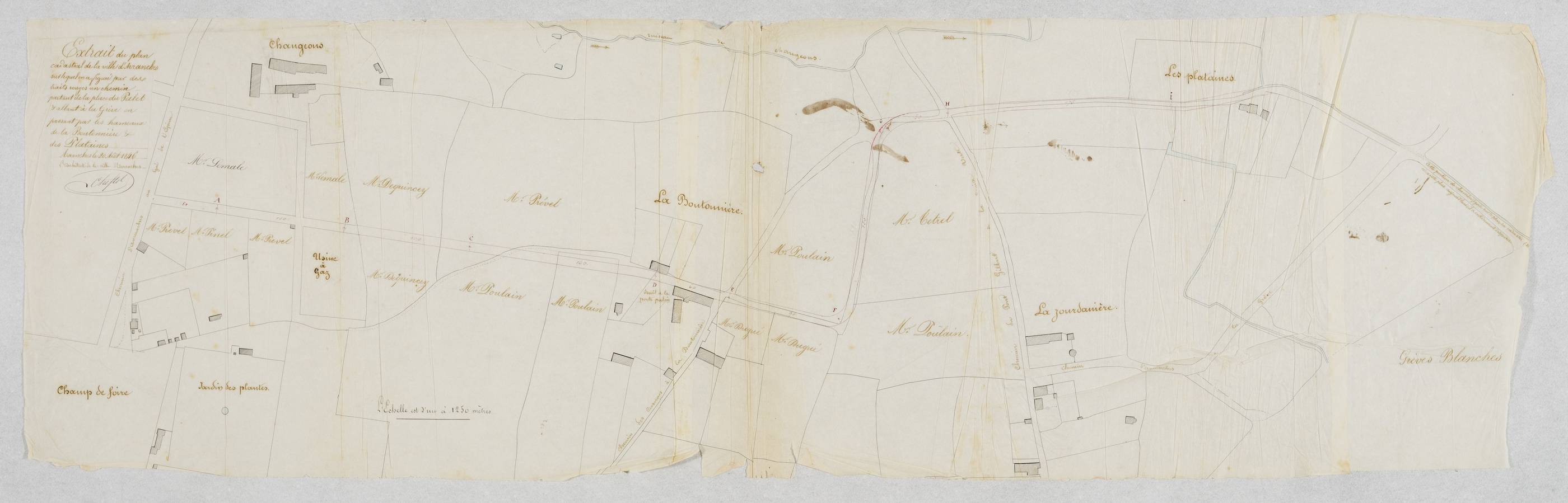 Extrait du plan cadastral de la ville d'Avranches sur lequel on a figuré par des traits rouges un chemin partant de la place du Palet et allant à la Grève en passant par les hameaux de la Boutonnière et des Plataines - 20 août 1846 - 245 Num 002_008