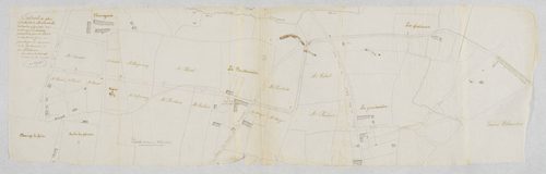 Extrait du plan cadastral de la ville d'Avranches sur lequel on a figuré par des traits rouges un chemin partant de la place du Palet et allant à la Grève en passant par les hameaux de la Boutonnière et des Plataines - 20 août 1846 - 245 Num 002_008