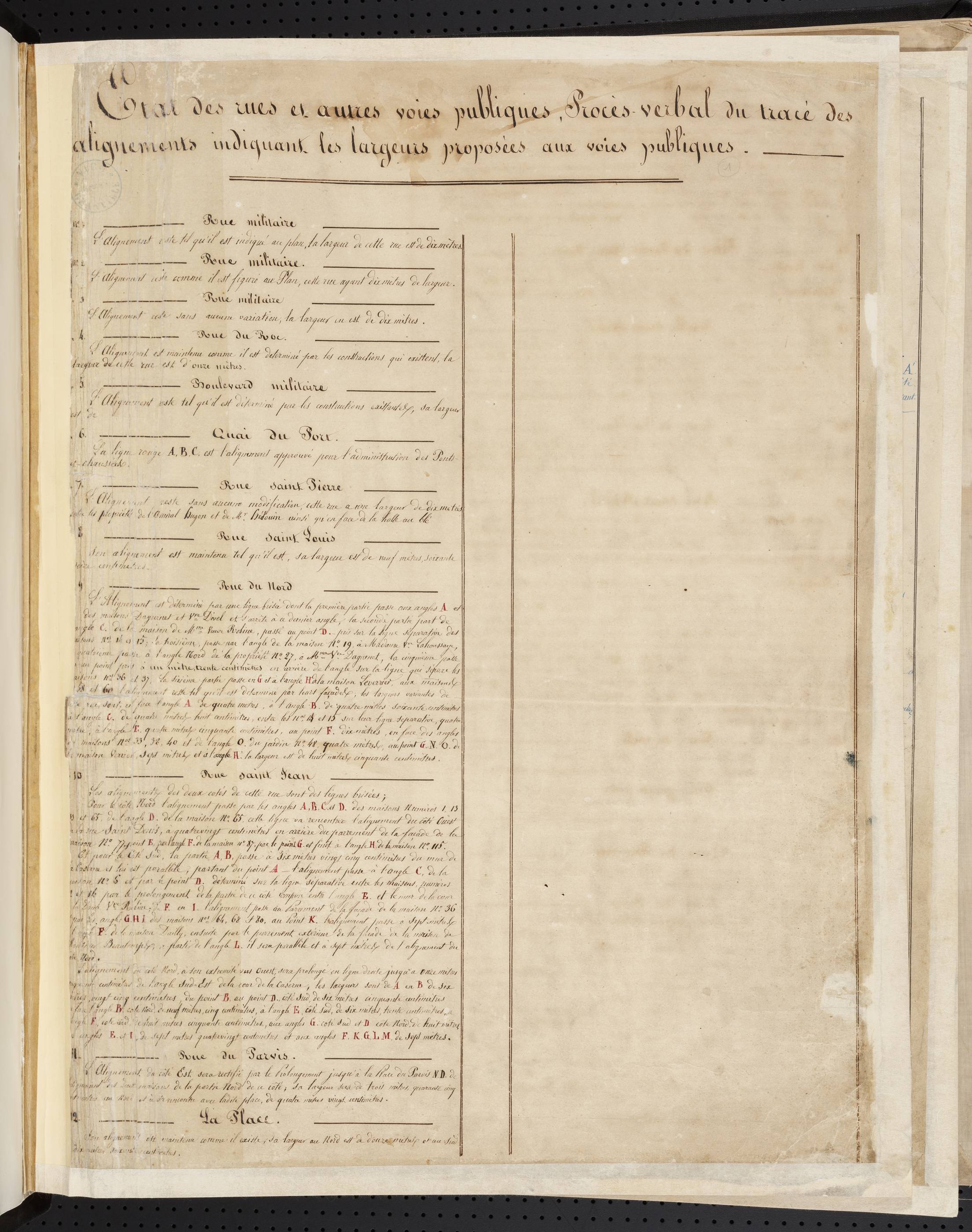 Plan cadastral en couleur de 1865 et extraits des rues et autres voies publiques : PV du tracé des alignements du 31 mai 1862.