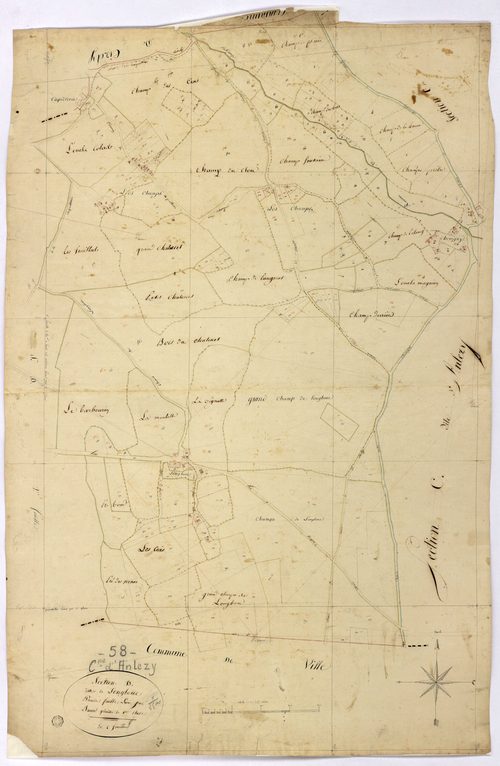 Anlezy, cadastre ancien : plan parcellaire de la section D dite de Longboue, feuille 1