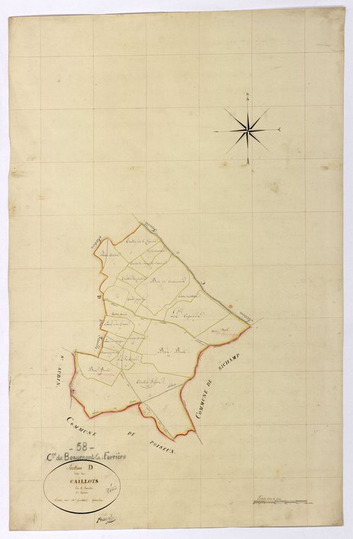 Beaumont-la-Ferrière, cadastre ancien : plan parcellaire de la section D dite des Caillots, feuille 1