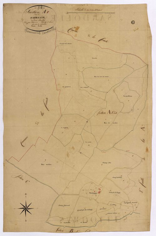 Beaumont-Sardolles, cadastre ancien : plan parcellaire de la section E dite de Sarrasin, feuille 1
