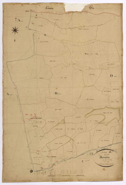 Beaumont-Sardolles, cadastre ancien : plan parcellaire de la section D dite de la Berthiere, feuille 1
