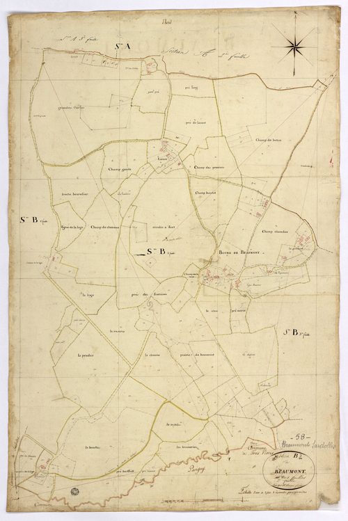 Beaumont-Sardolles, cadastre ancien : plan parcellaire de la section B dite de Beaumont, feuille 2