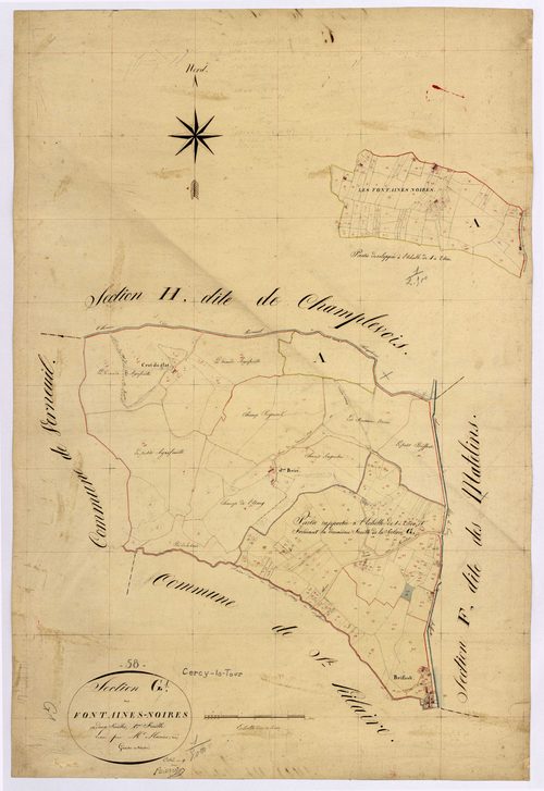 Cercy-la-Tour, cadastre ancien : plan parcellaire de la section G dite de Fontaines Noires, feuille 1