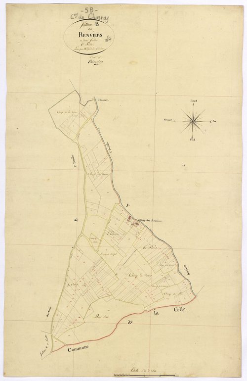 Chasnay, cadastre ancien : plan parcellaire de la section B dite des Renviers, feuille 1