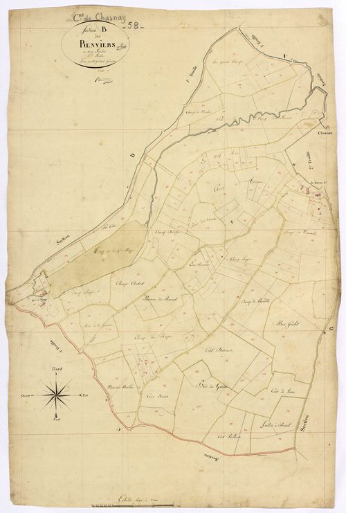Chasnay, cadastre ancien : plan parcellaire de la section B dite des Renviers, feuille 2