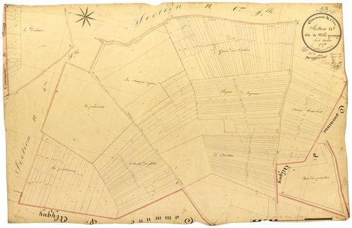 Ciez, cadastre ancien : plan parcellaire de la section H dite de Ville Généray, feuille 5
