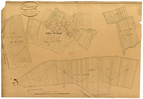 Clamecy, cadastre ancien : plan parcellaire de la section D dite de Moulot, feuilles 1 et 2, développement