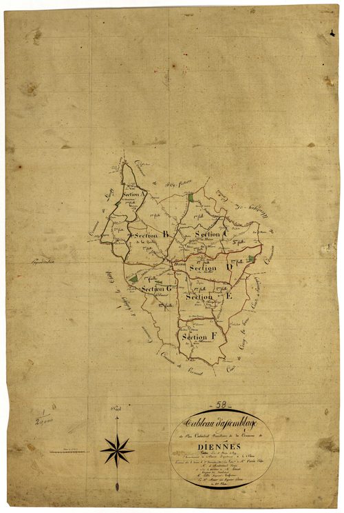 Diennes-Aubigny, cadastre ancien : tableau d'assemblage de Diennes