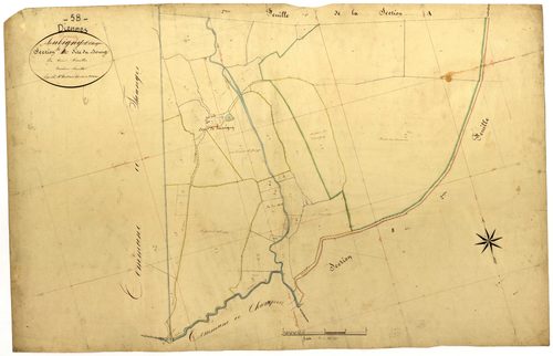 Diennes-Aubigny, cadastre ancien : plan parcellaire de la section H dite du Bourg d'Aubigny, feuille 3