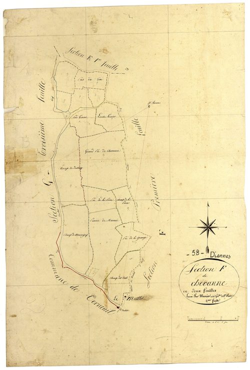 Diennes-Aubigny, cadastre ancien : plan parcellaire de la section F dite de Chevanne, feuille 2