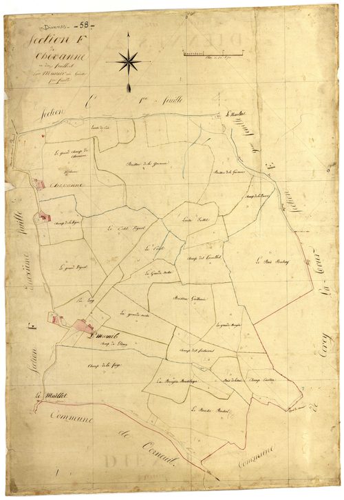 Diennes-Aubigny, cadastre ancien : plan parcellaire de la section F dite de Chevanne, feuille 1