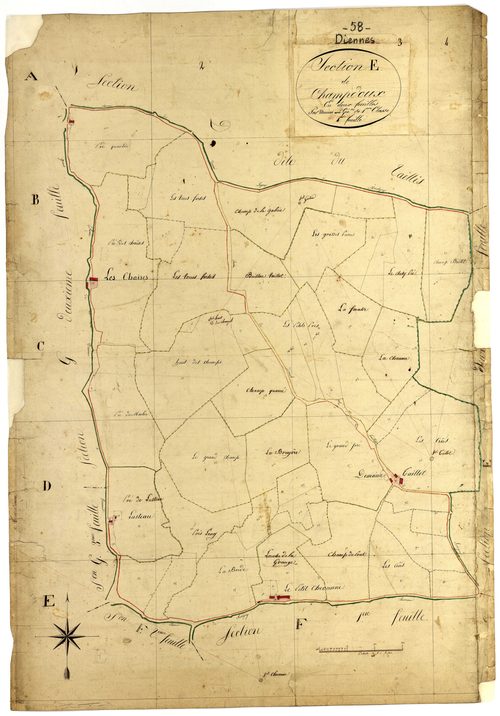 Diennes-Aubigny, cadastre ancien : plan parcellaire de la section E dite de Champdoux, feuille 1