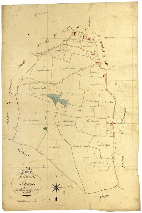 Diennes-Aubigny, cadastre ancien : plan parcellaire de la section G dite de Diennes, feuille 1