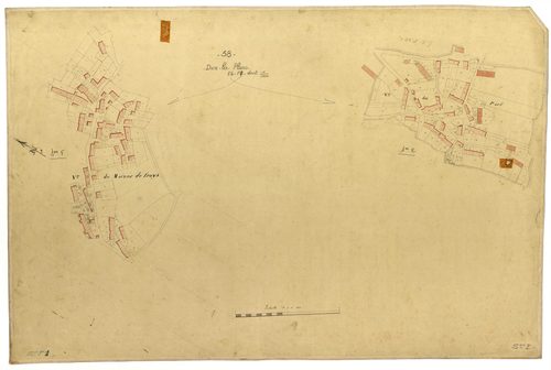 Dun-les-Places, cadastre ancien : plan parcellaire de la section E dite du Parc, feuille 6 et de la section F dite de Maizoc de Froys, feuille 2, développement