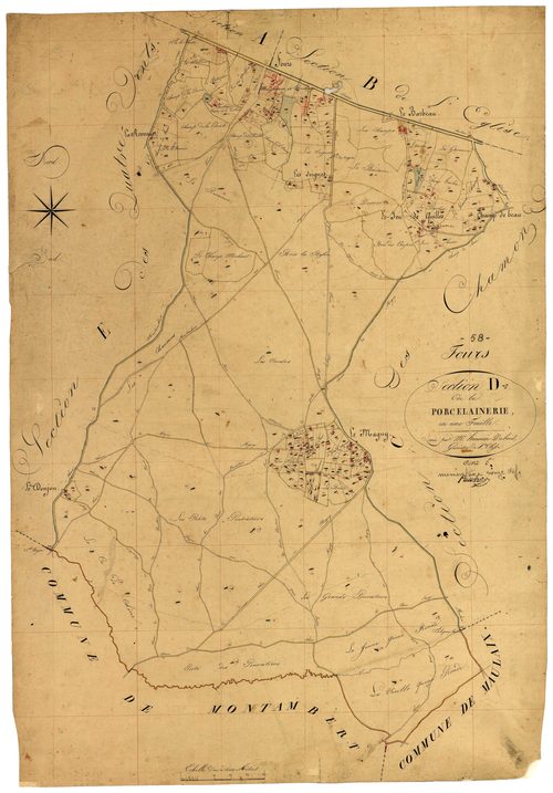 Fours, cadastre ancien : plan parcellaire de la section D dite de la Porcelainerie