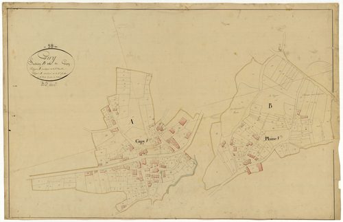 Giry, cadastre ancien : plan parcellaire de la section A dite des Bois de Giry, feuille 2, et de la section B dite de Gipy, feuille 8, développement