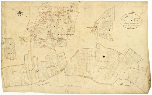 Michaugues, cadastre ancien : plan parcellaire de la section A dite de Michaugues et de la section B dite des Prés, développement