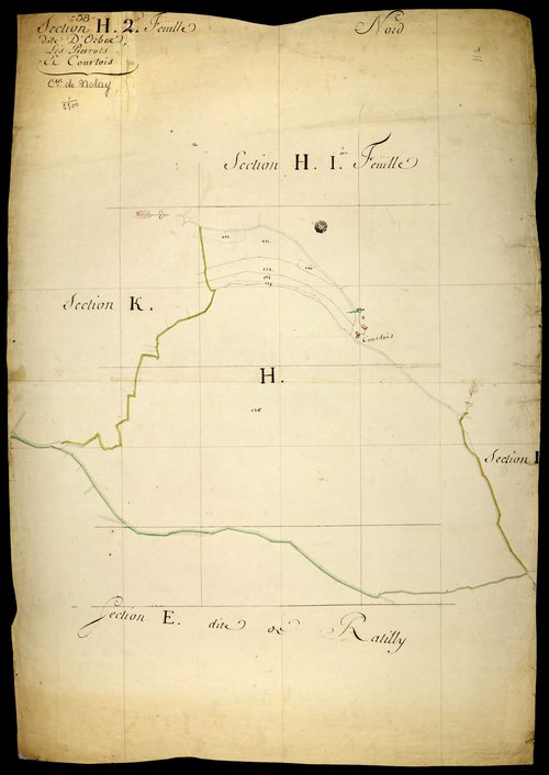 Nolay, cadastre ancien : plan parcellaire de la section H dite d' Orbec, Les Pierrots et Courtois, feuille 2