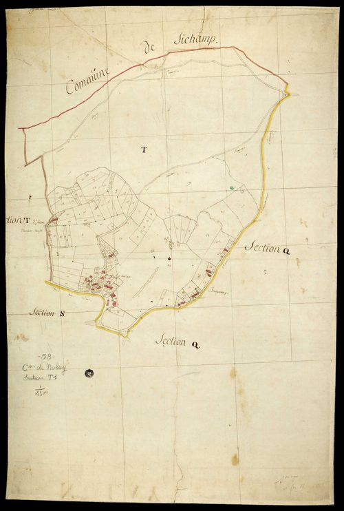 Nolay, cadastre ancien : plan parcellaire de la section T dite des Audins et des Moulins Neufs, feuille 1