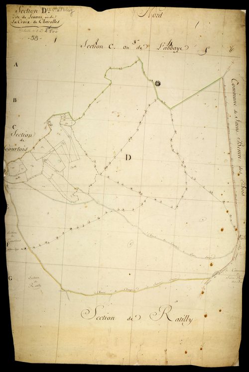 Nolay, cadastre ancien : plan parcellaire de la section D dite du Levant ou de la Croix de Charolles, feuille 1